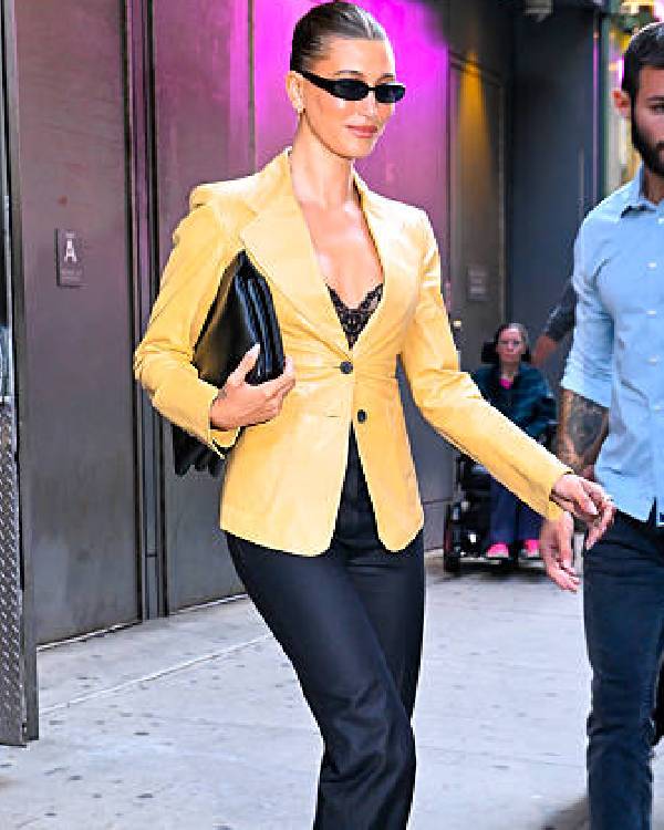 Hailey Bieber The Rhode x Sephora launch NYC Beige Leather Blazer USA Jackets