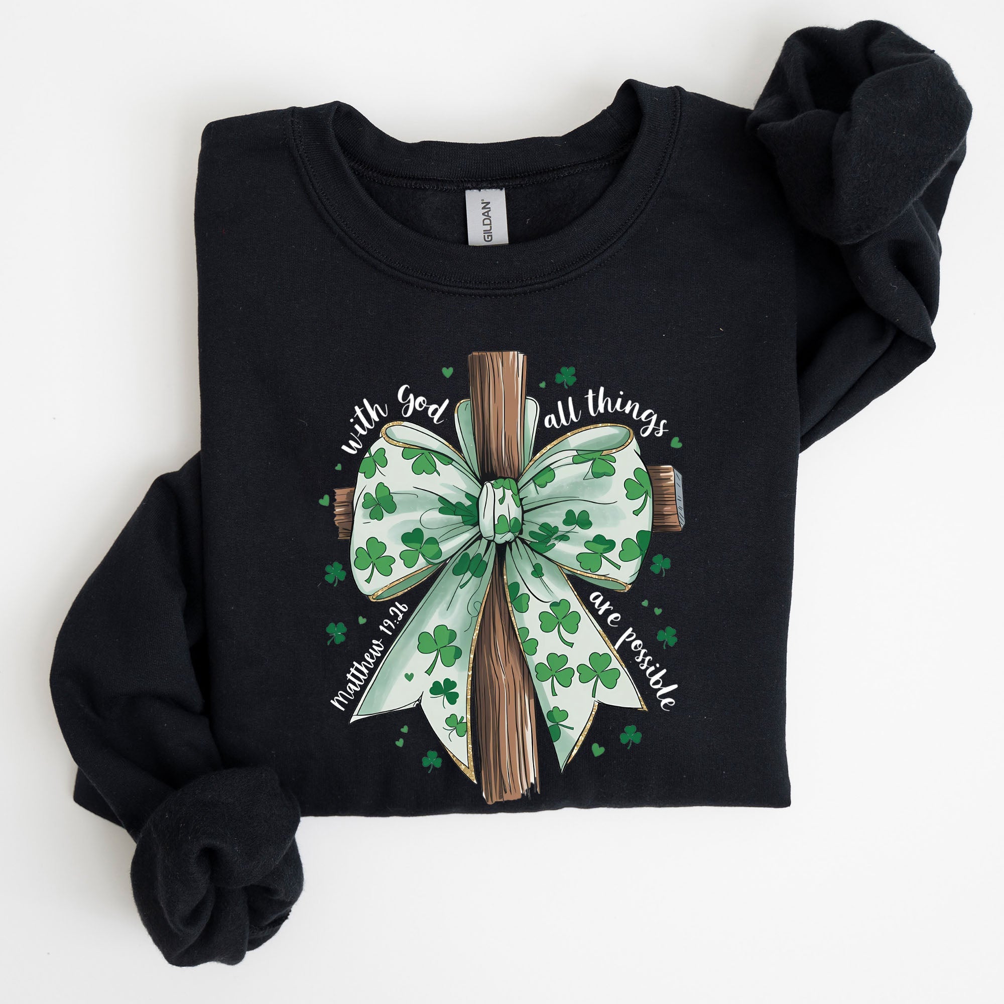 All Things Are Possible, Matthew 19:26, Christian, Coquette, Bow, Lucky, Shamrock, Lucky Charm, Irish, Retro, St Patrick's Day Sweatshirt