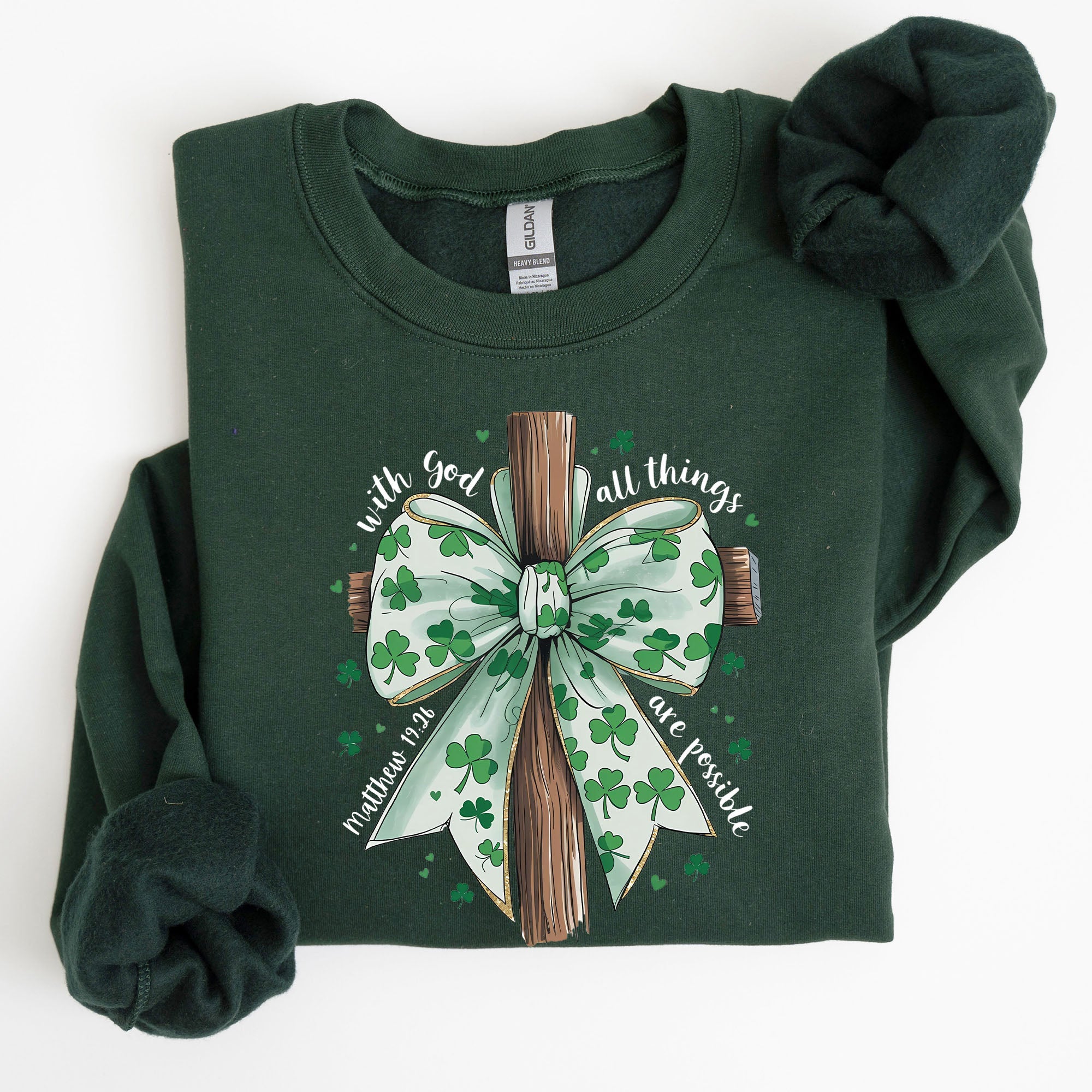 All Things Are Possible, Matthew 19:26, Christian, Coquette, Bow, Lucky, Shamrock, Lucky Charm, Irish, Retro, St Patrick's Day Sweatshirt