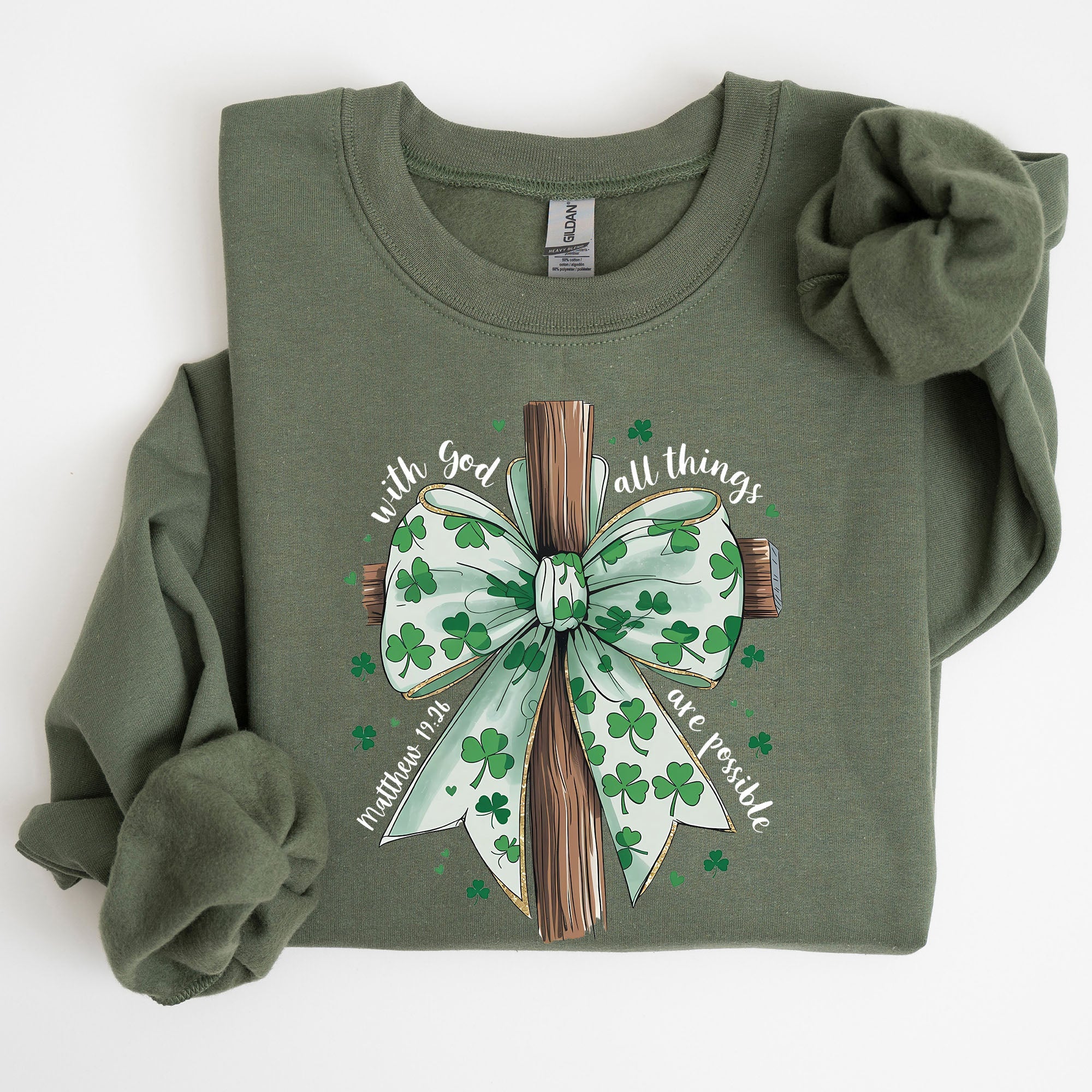All Things Are Possible, Matthew 19:26, Christian, Coquette, Bow, Lucky, Shamrock, Lucky Charm, Irish, Retro, St Patrick's Day Sweatshirt