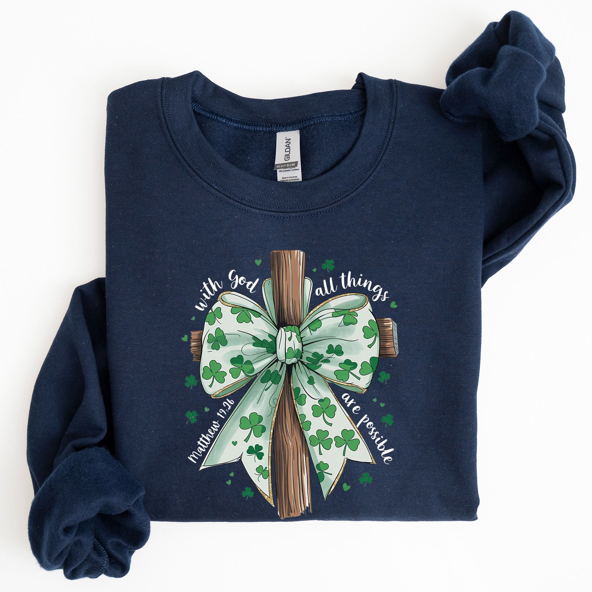 All Things Are Possible, Matthew 19:26, Christian, Coquette, Bow, Lucky, Shamrock, Lucky Charm, Irish, Retro, St Patrick's Day Sweatshirt