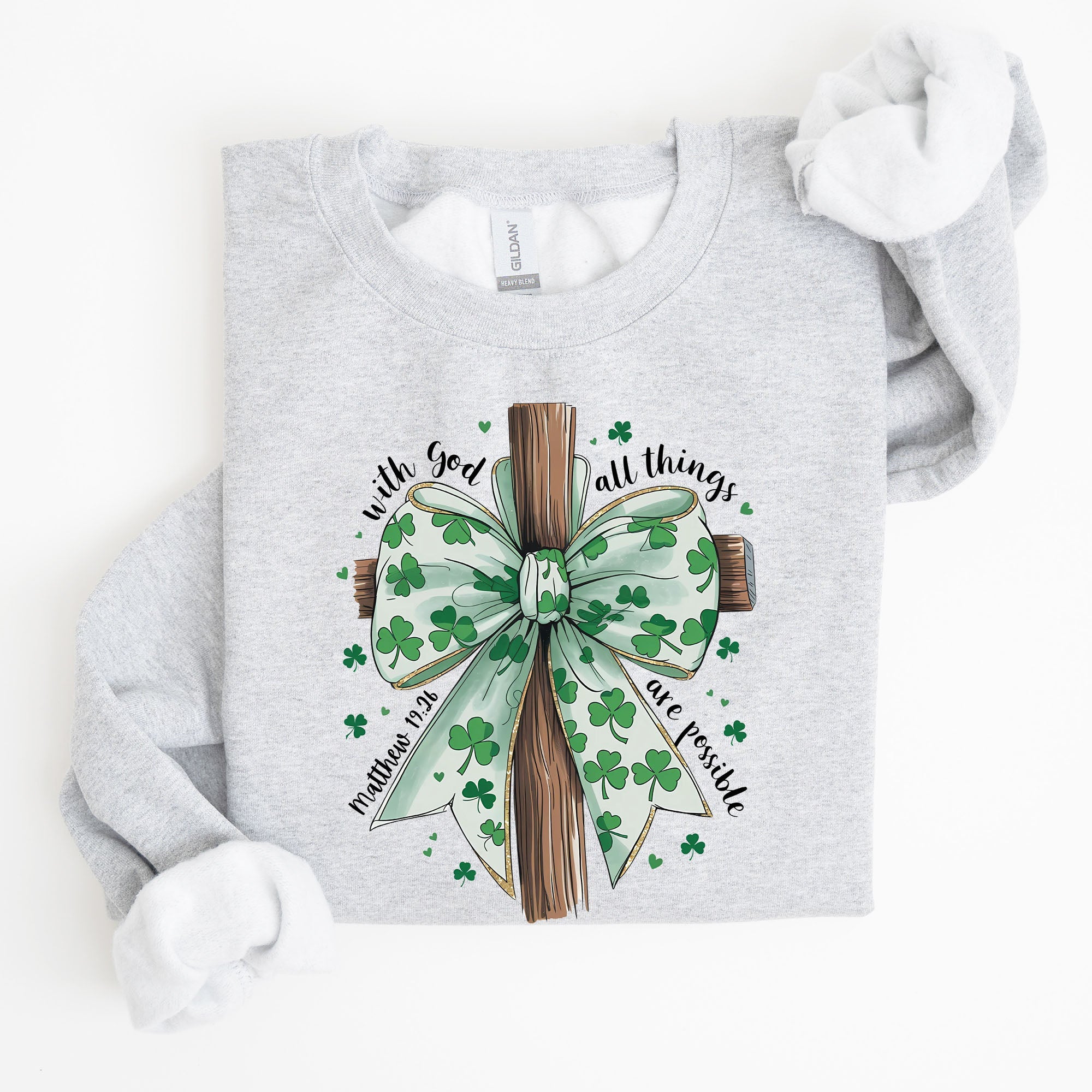 All Things Are Possible, Matthew 19:26, Christian, Coquette, Bow, Lucky, Shamrock, Lucky Charm, Irish, Retro, St Patrick's Day Sweatshirt