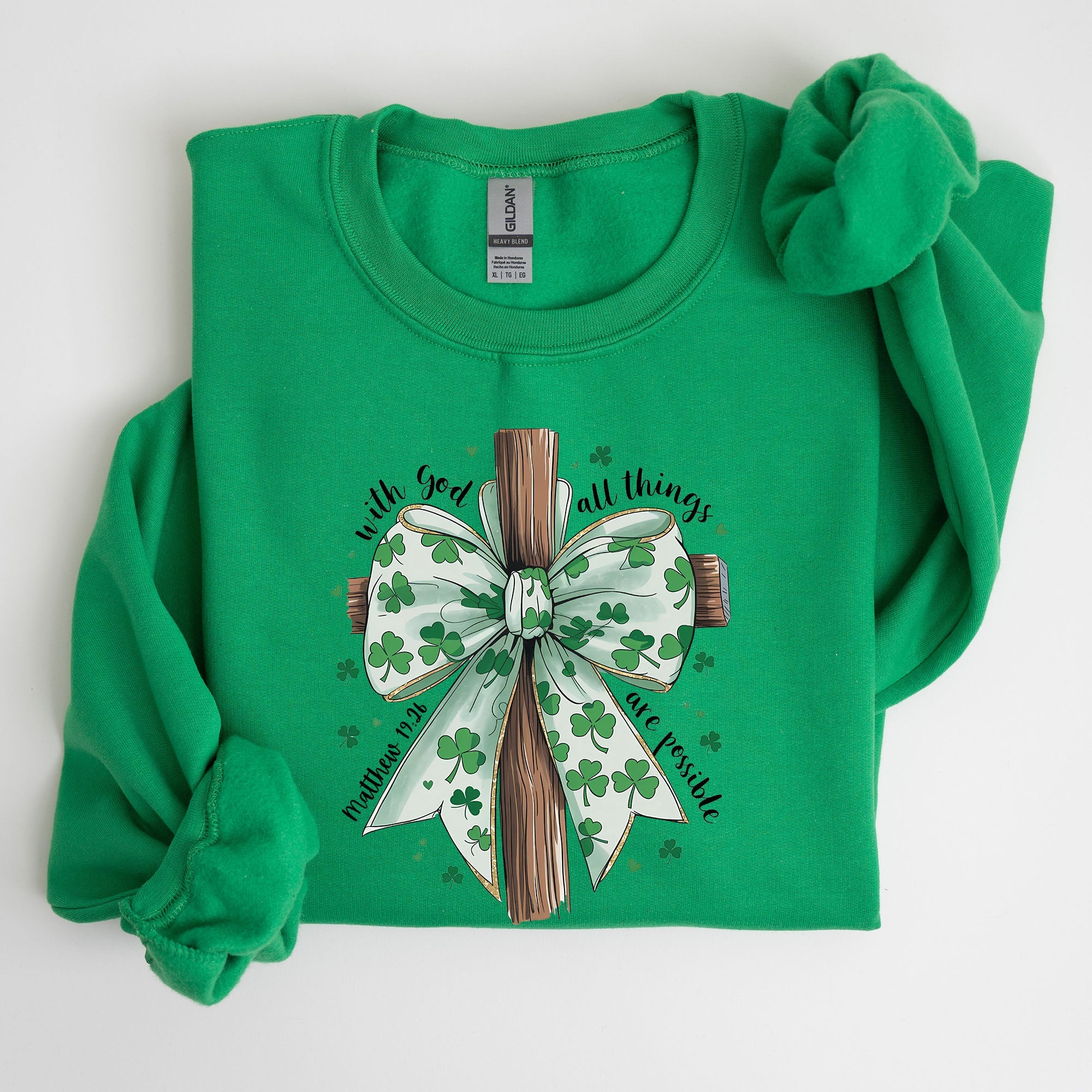 All Things Are Possible, Matthew 19:26, Christian, Coquette, Bow, Lucky, Shamrock, Lucky Charm, Irish, Retro, St Patrick's Day Sweatshirt