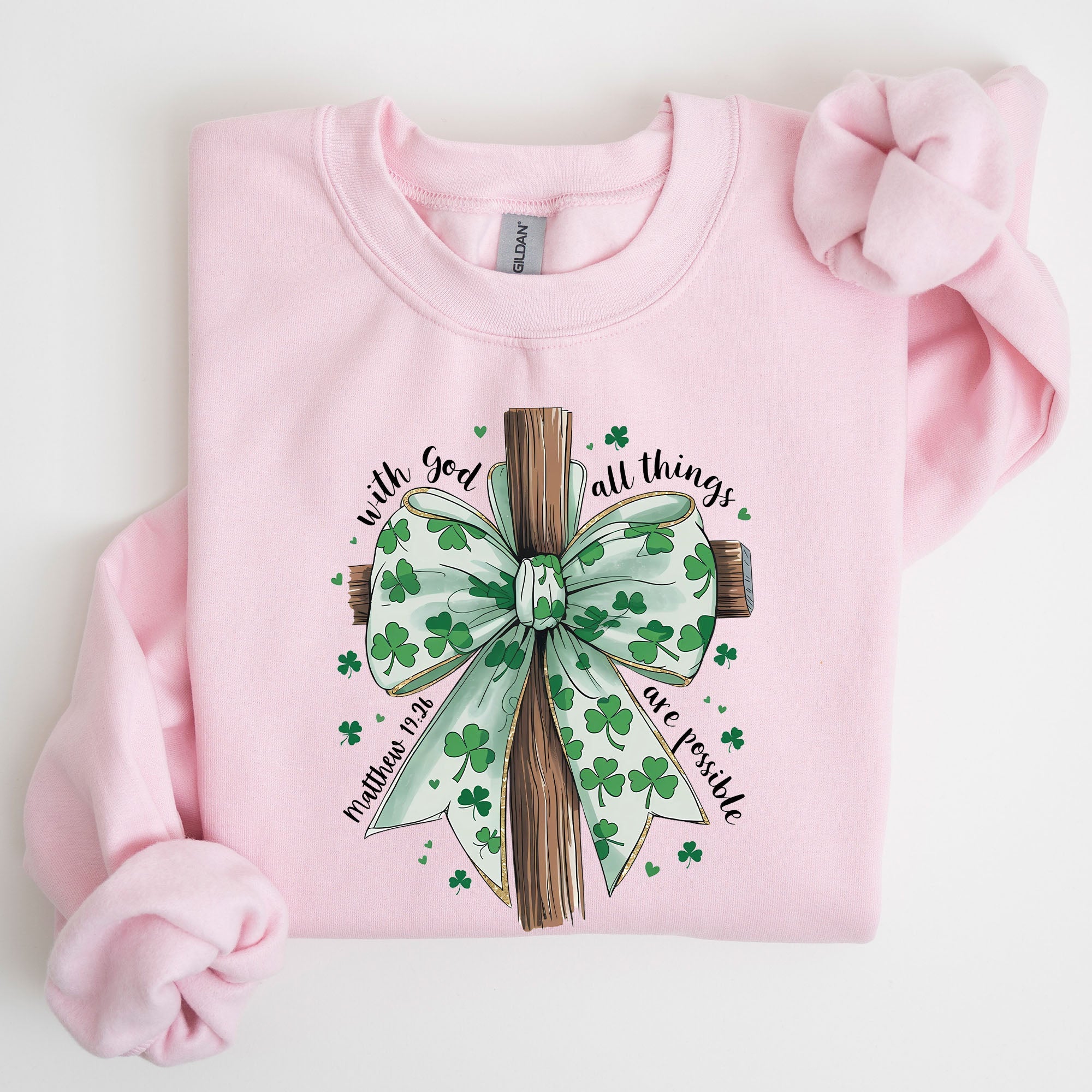 All Things Are Possible, Matthew 19:26, Christian, Coquette, Bow, Lucky, Shamrock, Lucky Charm, Irish, Retro, St Patrick's Day Sweatshirt
