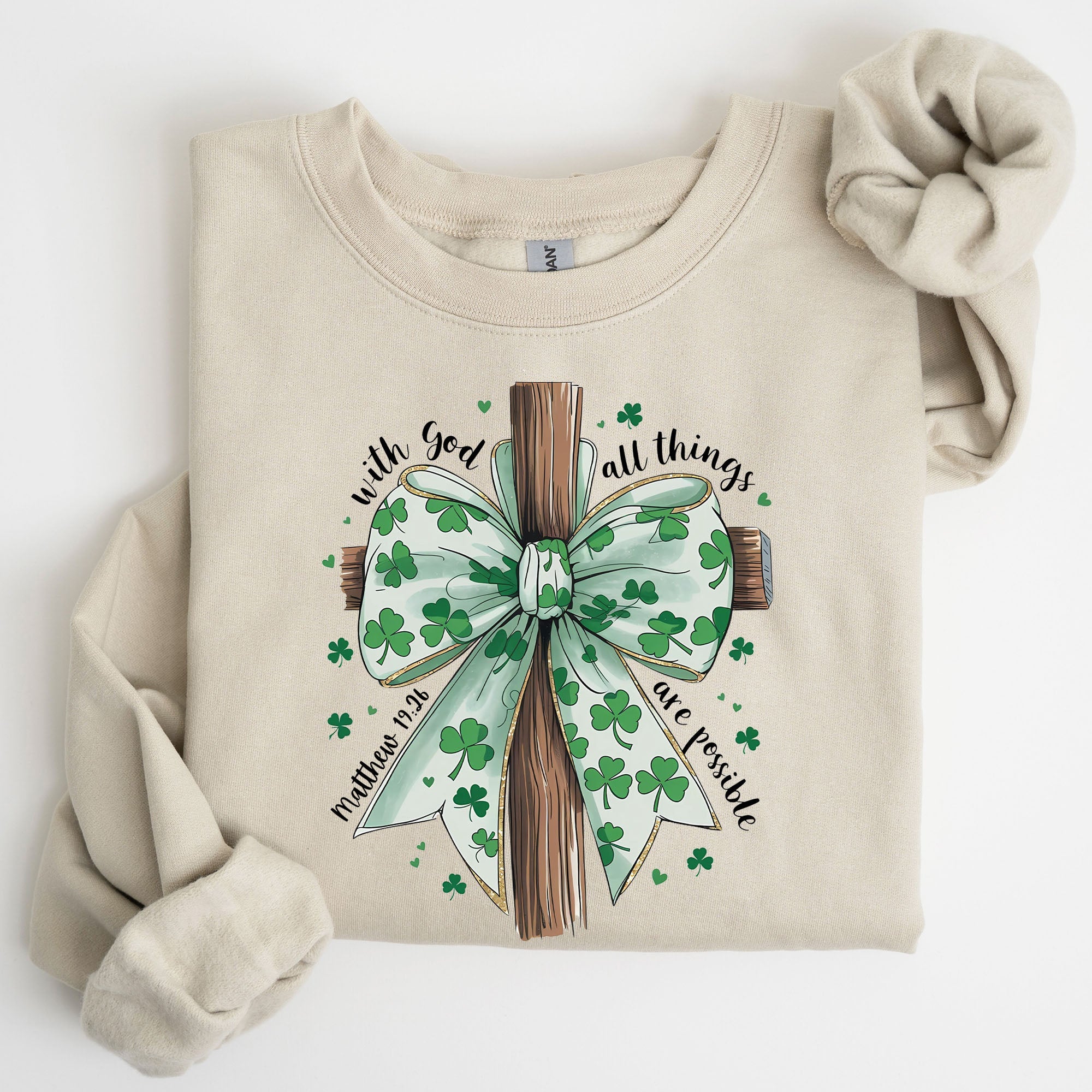 All Things Are Possible, Matthew 19:26, Christian, Coquette, Bow, Lucky, Shamrock, Lucky Charm, Irish, Retro, St Patrick's Day Sweatshirt