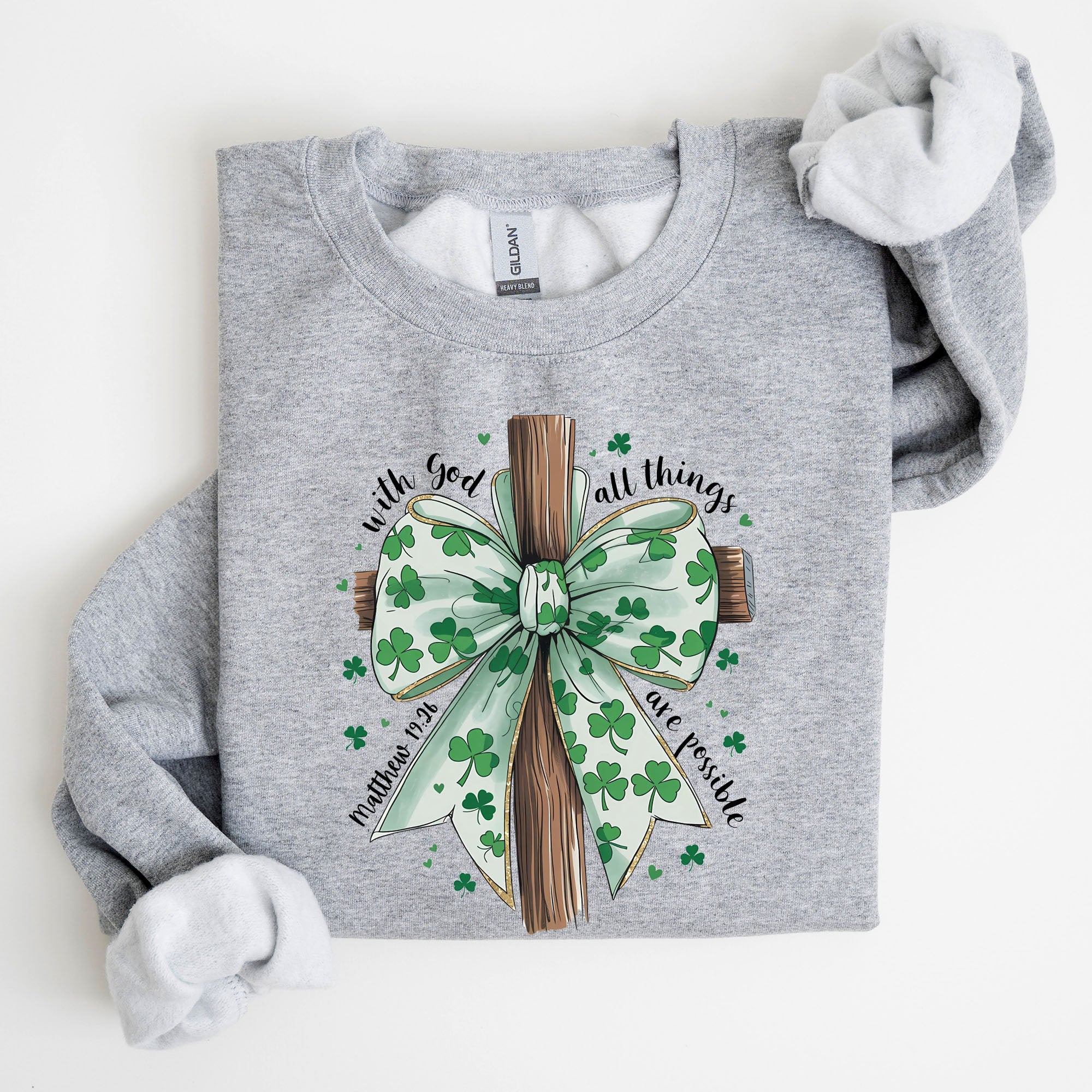 All Things Are Possible, Matthew 19:26, Christian, Coquette, Bow, Lucky, Shamrock, Lucky Charm, Irish, Retro, St Patrick's Day Sweatshirt