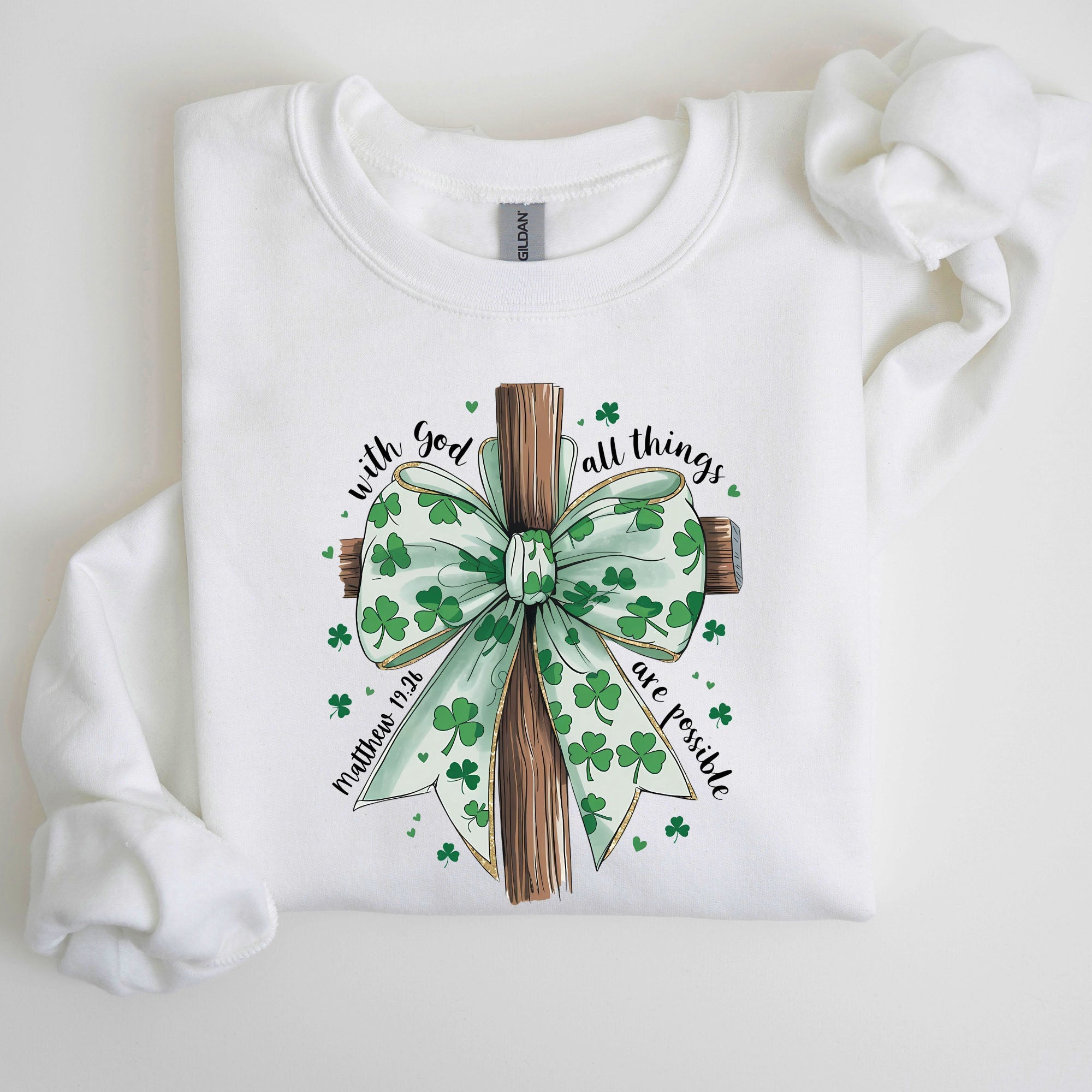 All Things Are Possible, Matthew 19:26, Christian, Coquette, Bow, Lucky, Shamrock, Lucky Charm, Irish, Retro, St Patrick's Day Sweatshirt