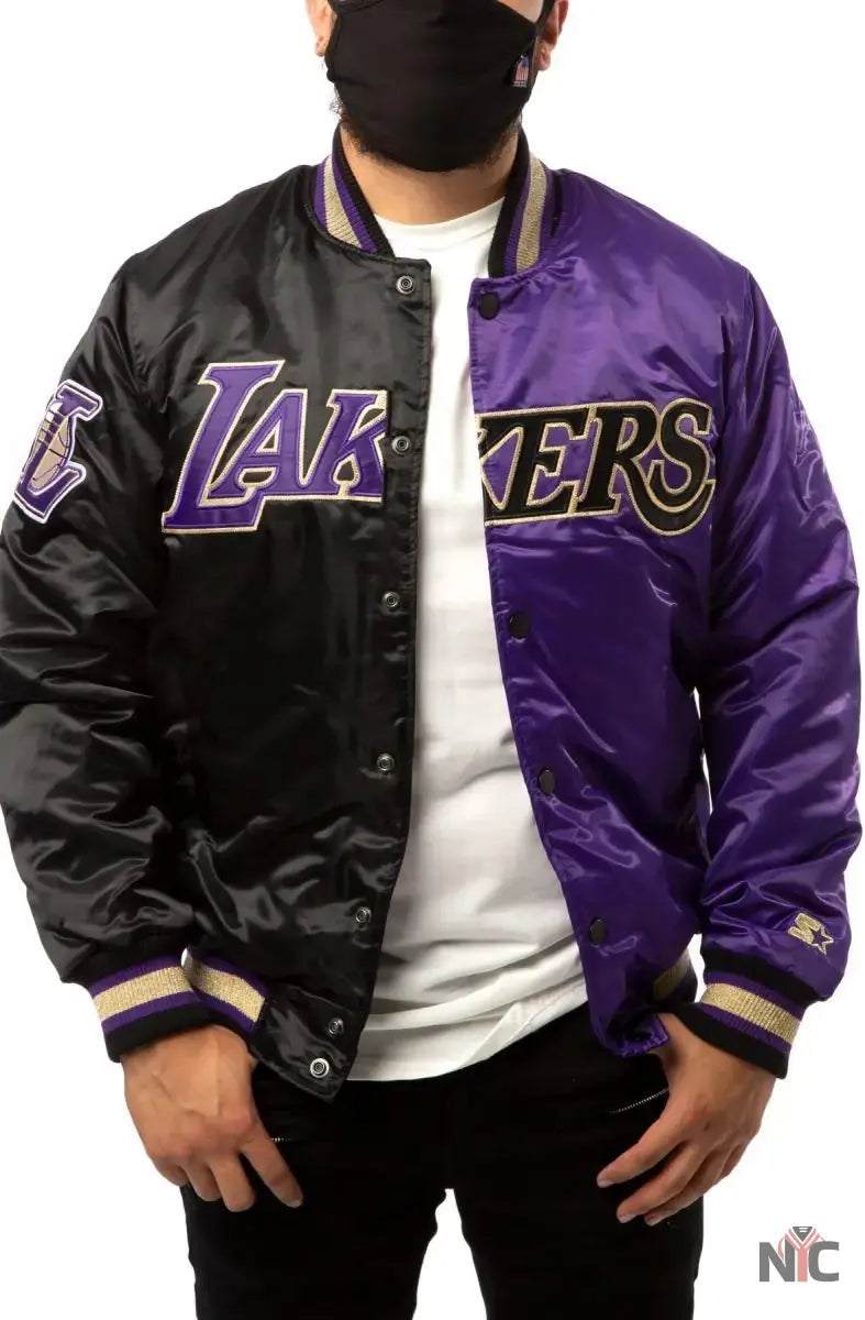 LA Lakers Black and Purple Satin Bomber Jacket Clanton Jacket