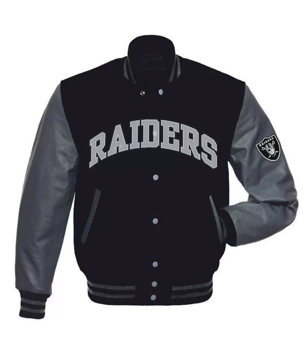 Las Vegas Raiders Grey And Black Letterman Jacket NYC Jackets