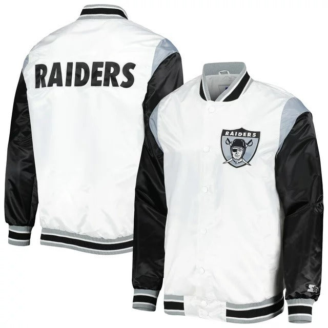 Las Vegas Raiders Throwback Warm Up Pitch White Satin Jacket USA Jackets
