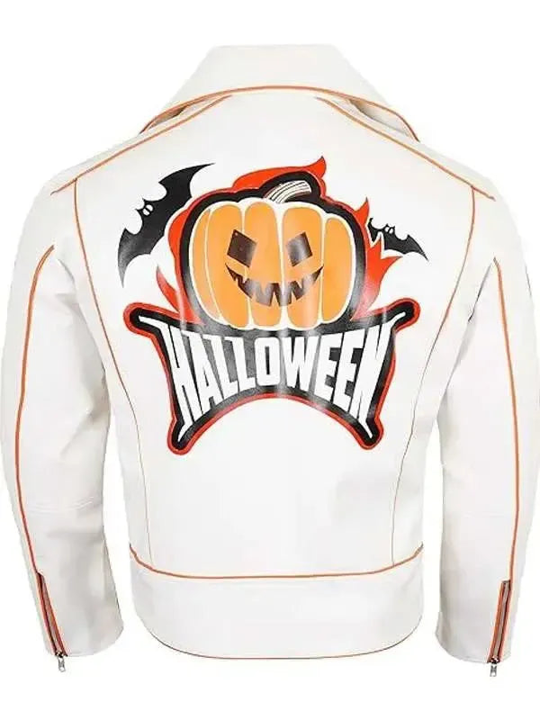 Men’s Halloween Pumpkin White Biker Leather Jacket