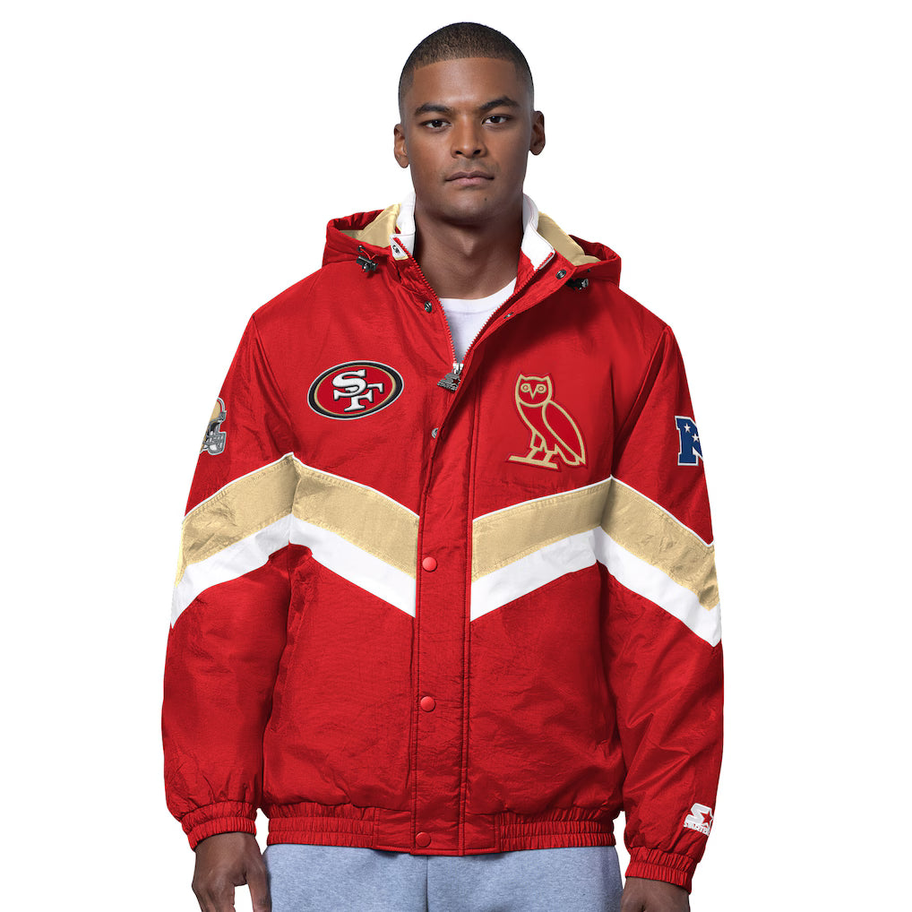 Men’s OVO x Starter Scarlet San Francisco 49ers Sideline Full-Snap Puffer Jacket