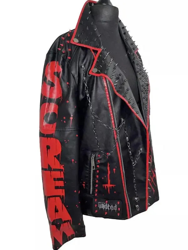 Men’s Punk Style Black and Red Studded Leather Jacket
