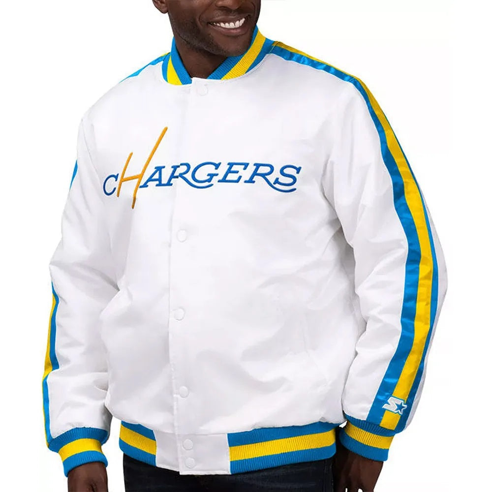 LA Chargers The D-Line White Satin Varsity Jacket USA Jackets