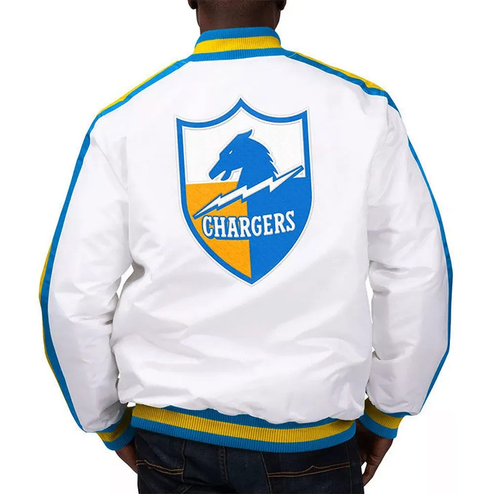 LA Chargers The D-Line White Satin Varsity Jacket USA Jackets
