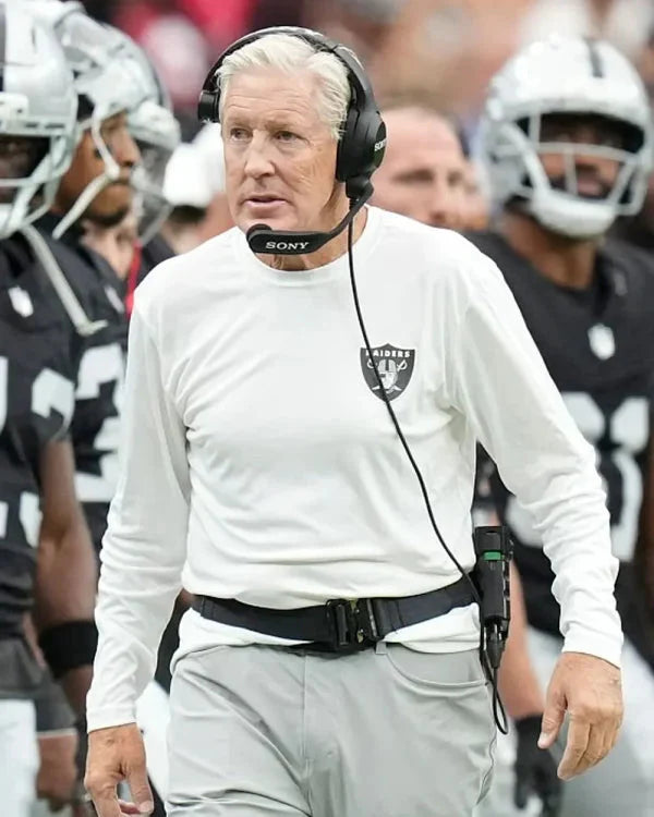 Pete Carroll NFL Preseason 2025 Raiders White Sweatshirt Shopotiny