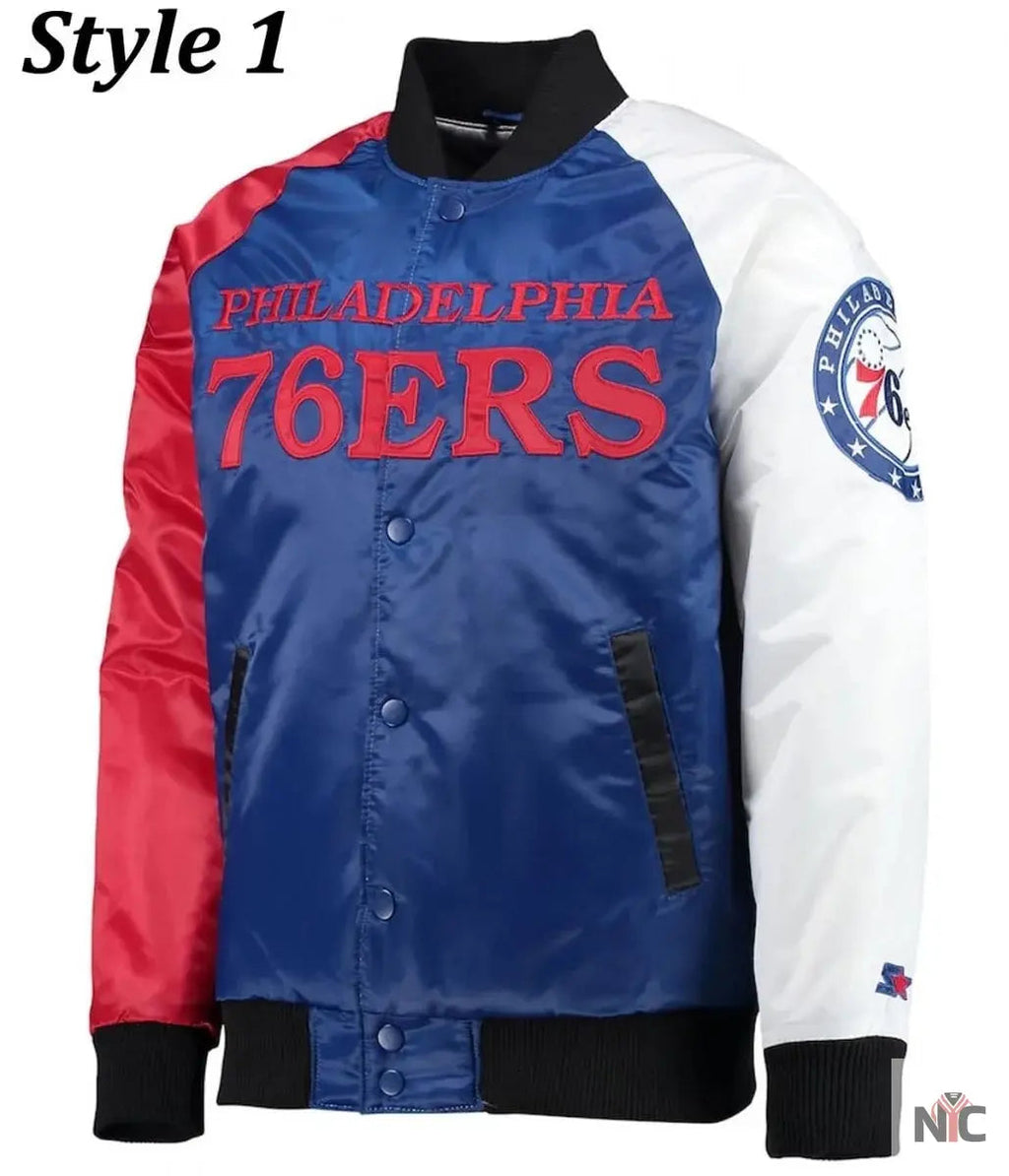 Philadelphia 76ers Red and Royal Varsity Satin Jacket Clanton Jacket