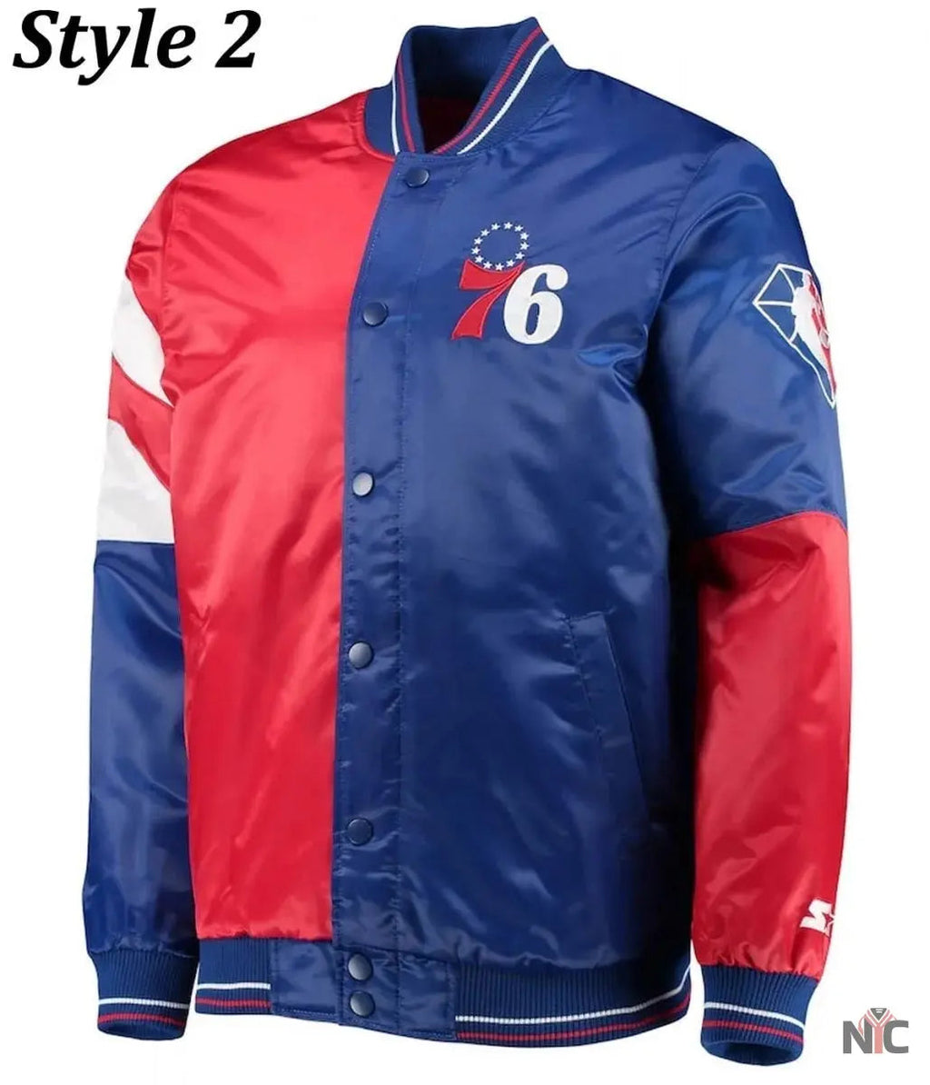 Philadelphia 76ers Red and Royal Varsity Satin Jacket Clanton Jacket