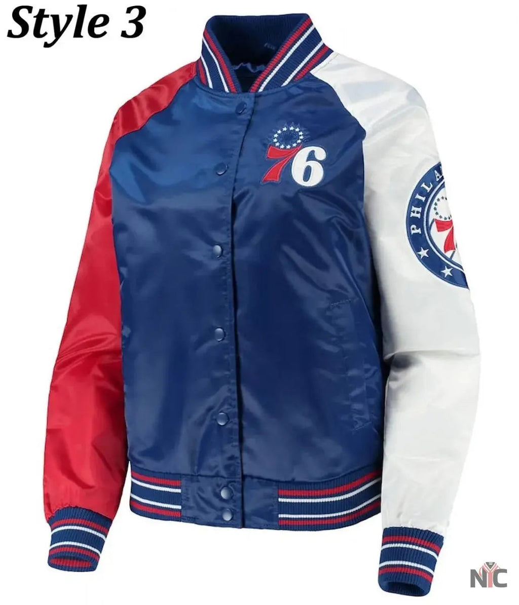 Philadelphia 76ers Red and Royal Varsity Satin Jacket Clanton Jacket