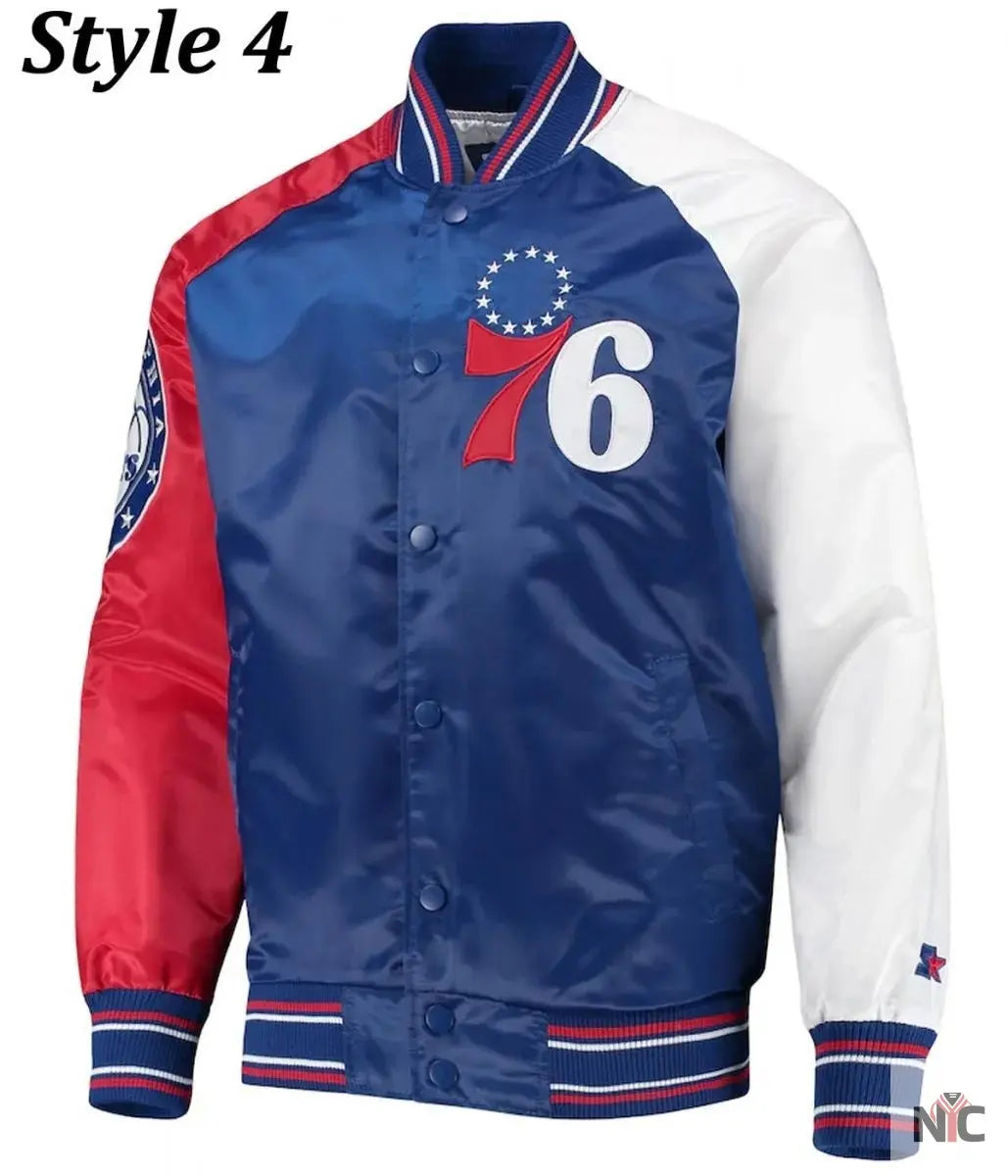 Philadelphia 76ers Red and Royal Varsity Satin Jacket Clanton Jacket