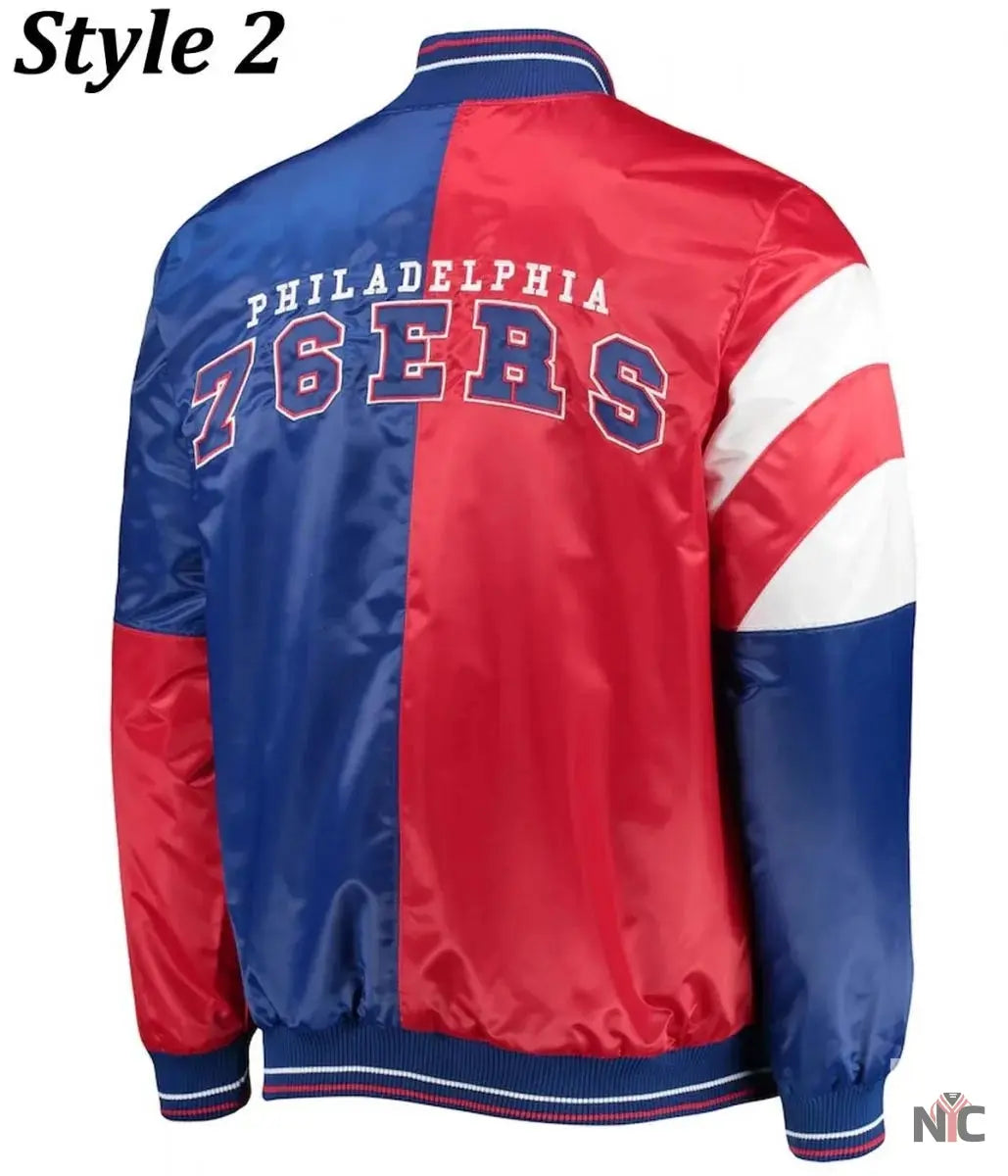 Philadelphia 76ers Red and Royal Varsity Satin Jacket Clanton Jacket