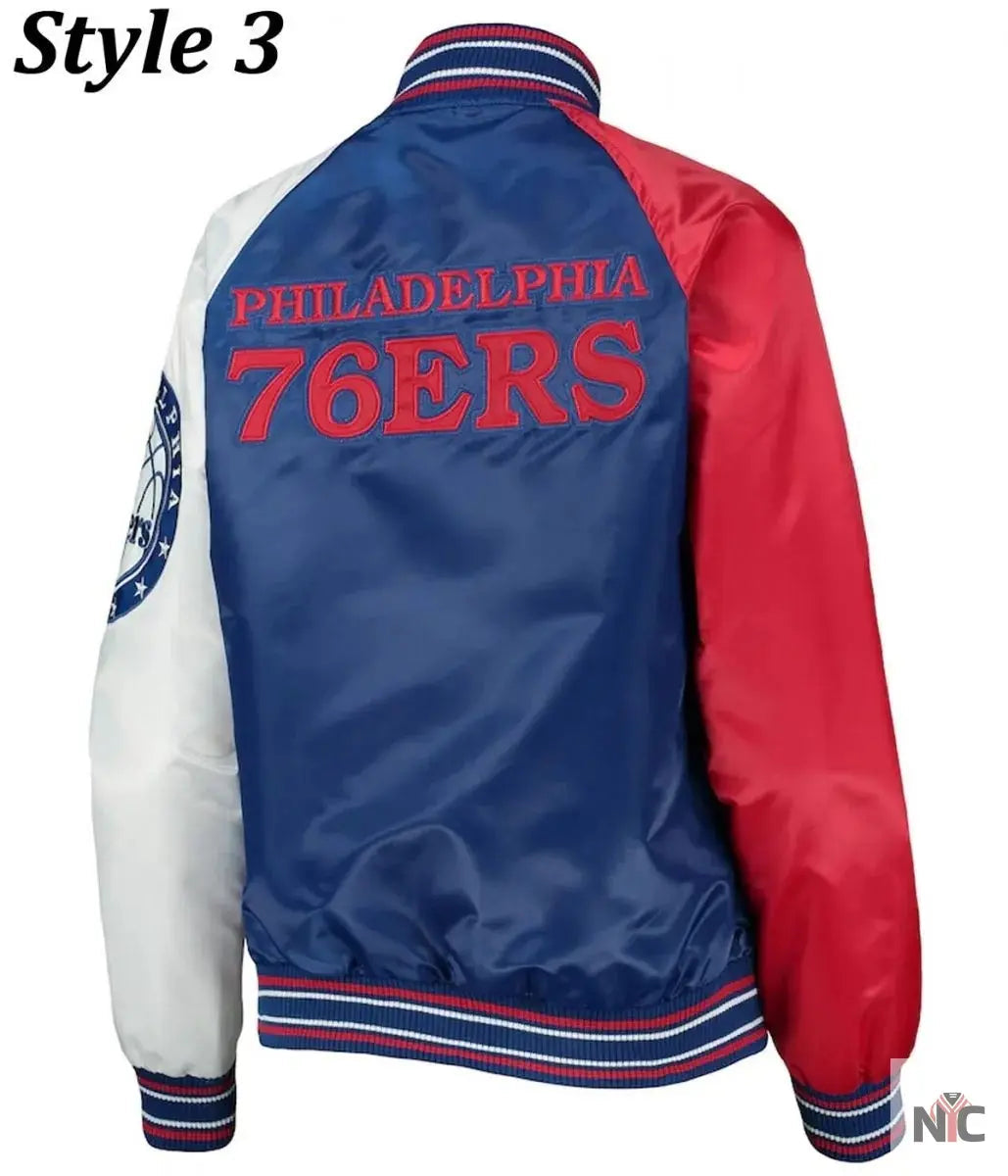 Philadelphia 76ers Red and Royal Varsity Satin Jacket Clanton Jacket