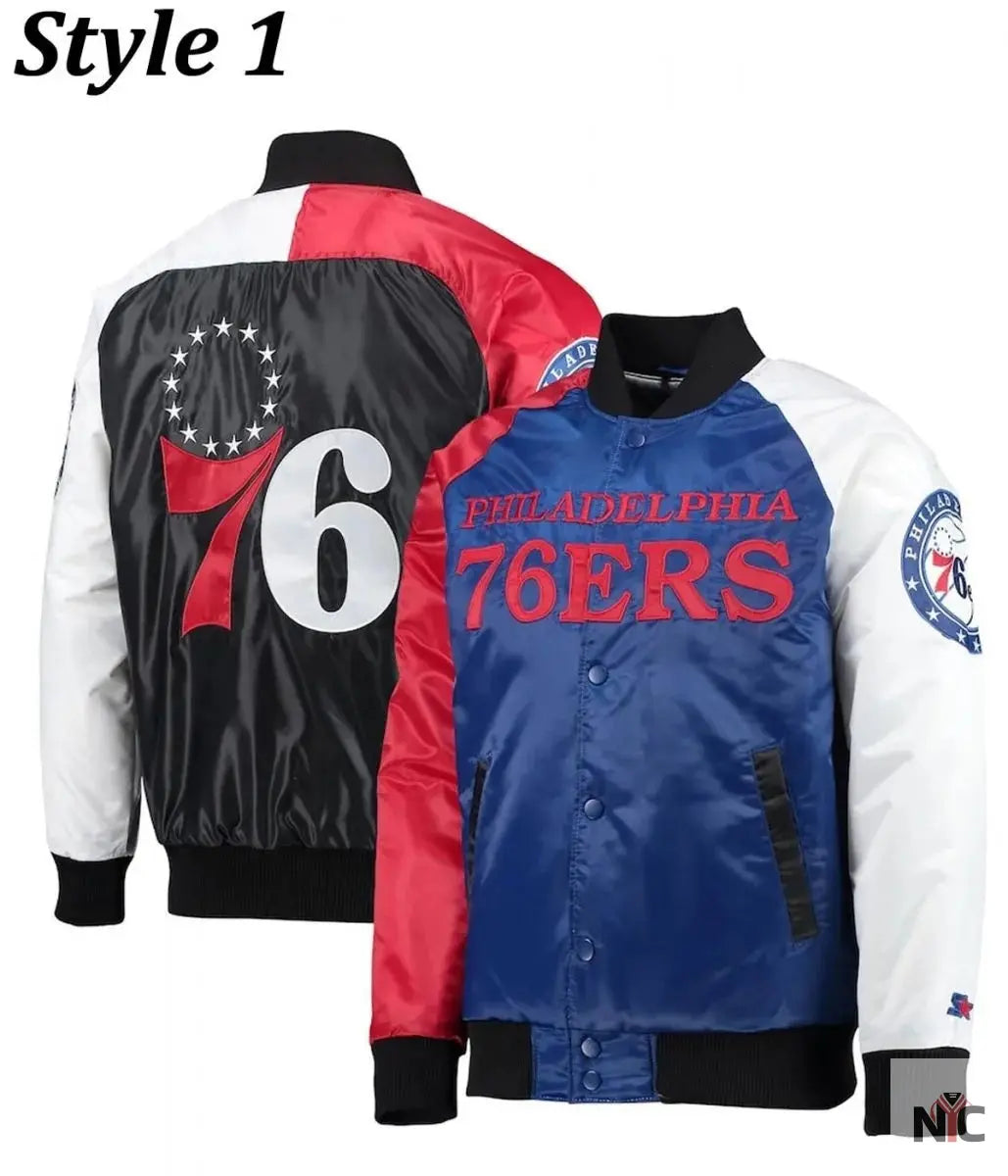 Philadelphia 76ers Red and Royal Varsity Satin Jacket Clanton Jacket