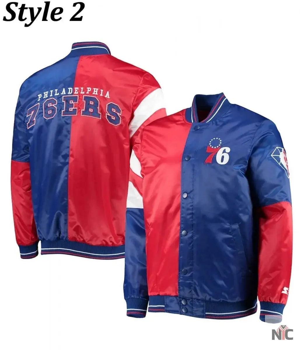Philadelphia 76ers Red and Royal Varsity Satin Jacket Clanton Jacket