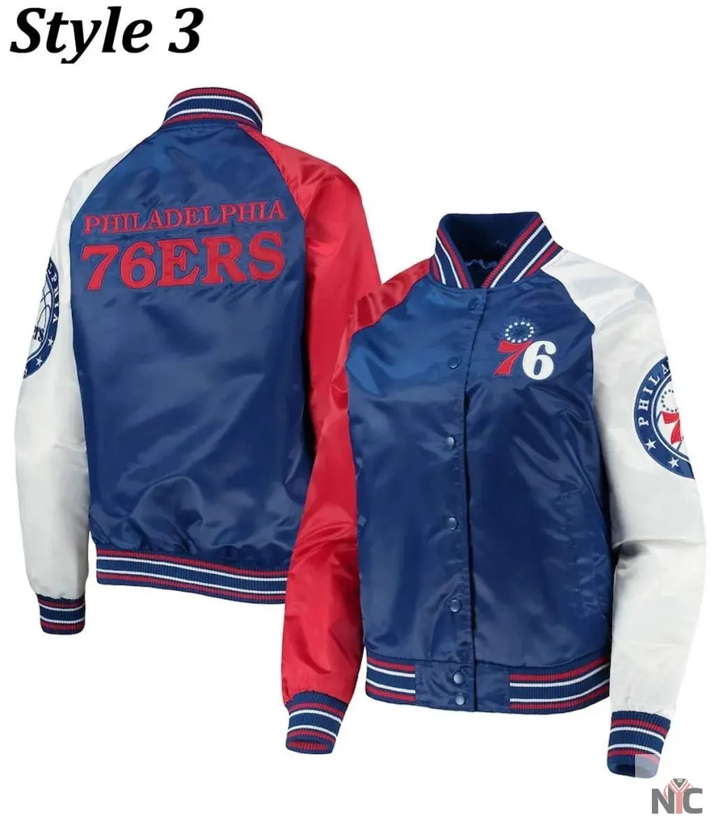 Philadelphia 76ers Red and Royal Varsity Satin Jacket Clanton Jacket
