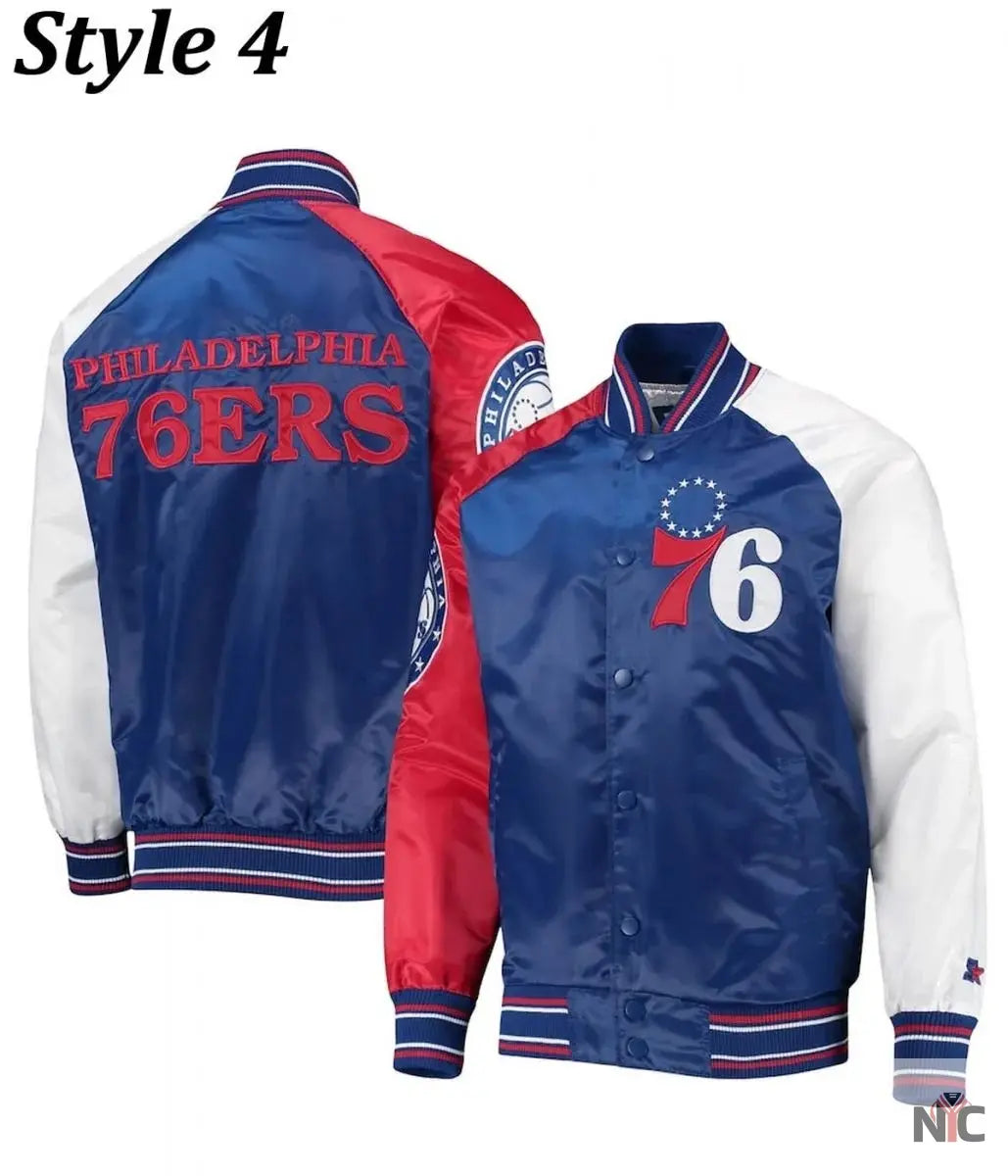 Philadelphia 76ers Red and Royal Varsity Satin Jacket Clanton Jacket