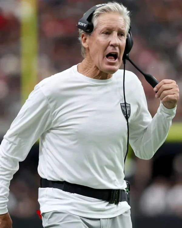 Pete Carroll NFL Preseason 2025 Raiders White Sweatshirt Shopotiny