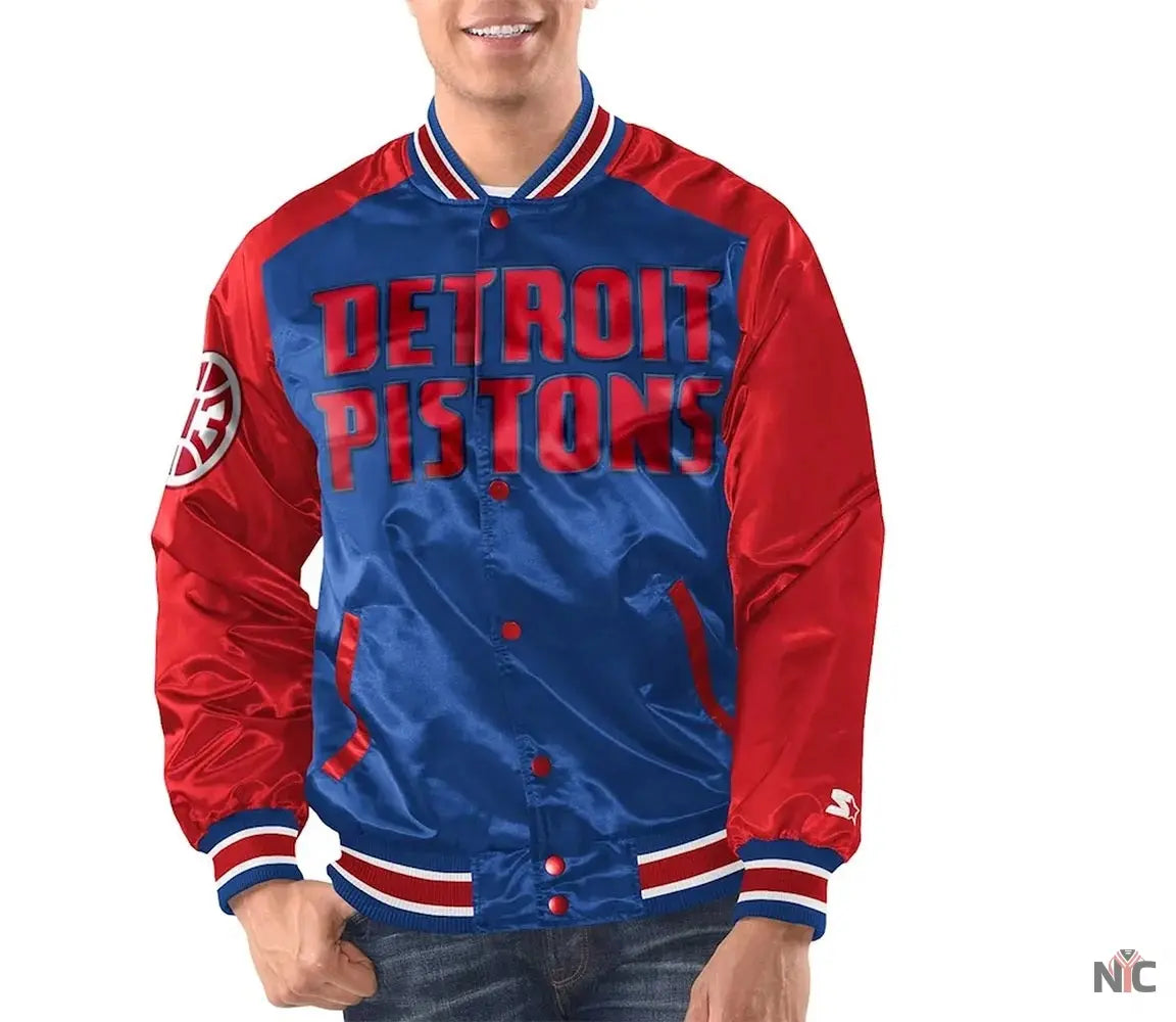 Royal/Red Detroit Pistons Renegade Varsity Satin Jacket Clanton Jacket