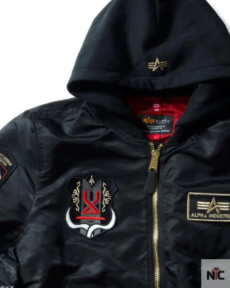 STRICT-G x ALPHA Mobile Suit Gundam SEED FREEDOM Black MA-1 Jacket Clanton Jacket