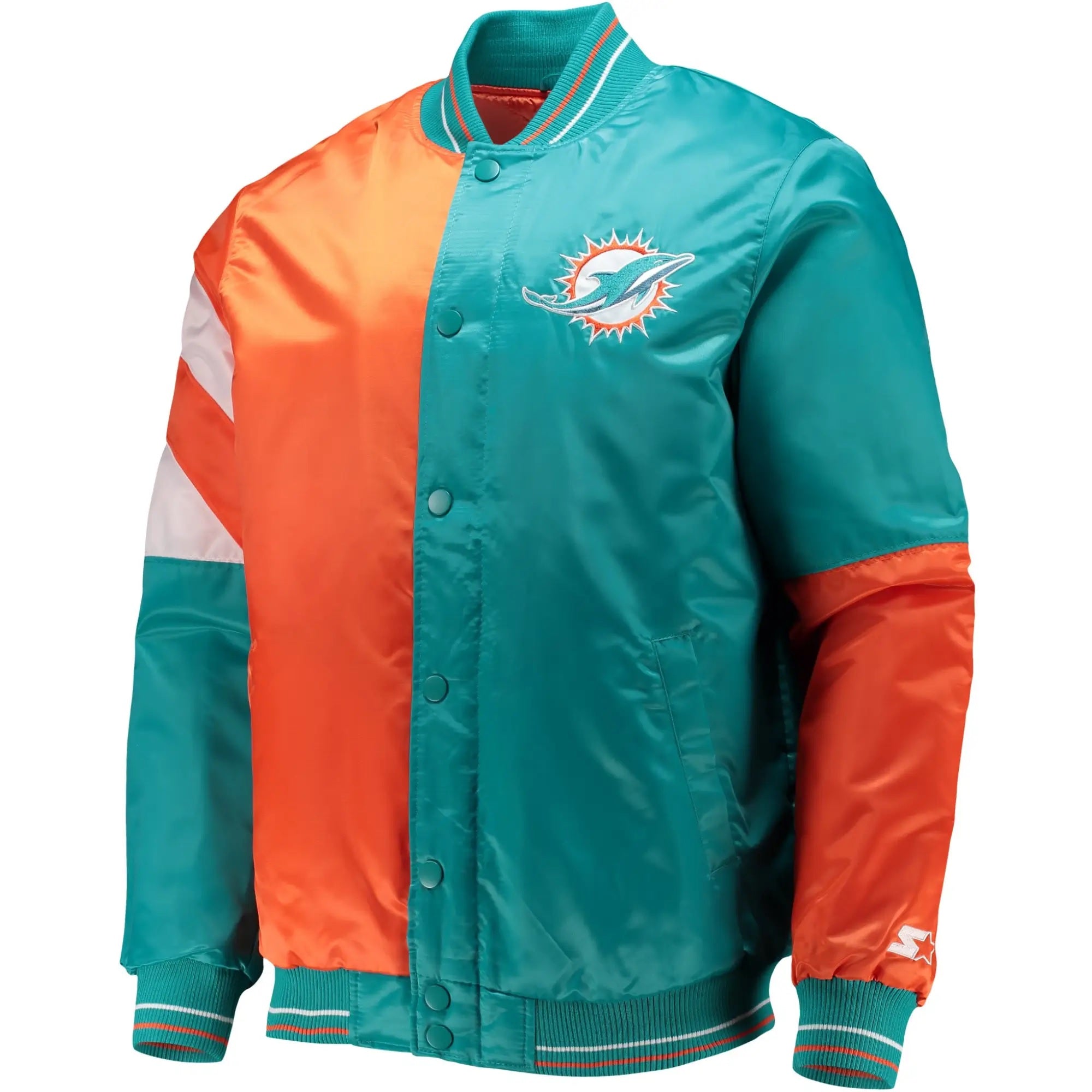 Miami Dolphins Satin Varsity Jacket Aqua and Orange USA Jackets