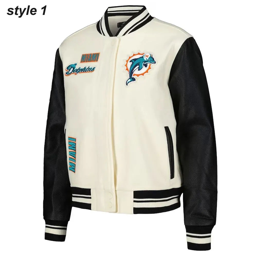 Cream Miami Dolphins Retro Classic Varsity Jacket USA Jackets