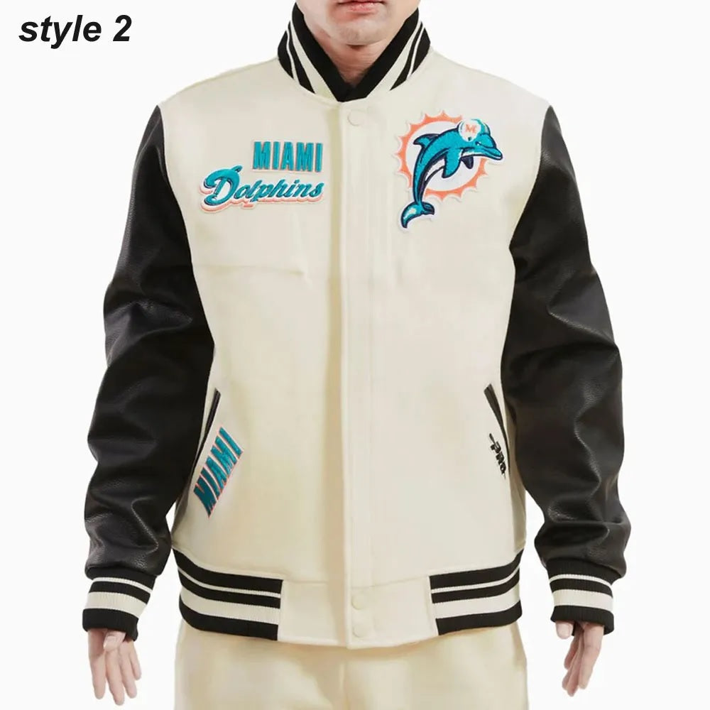 Cream Miami Dolphins Retro Classic Varsity Jacket USA Jackets