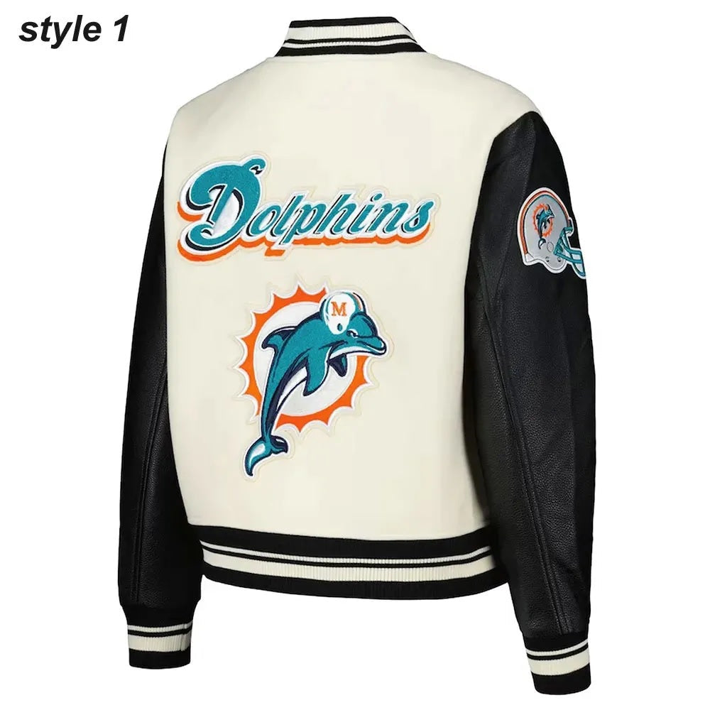 Cream Miami Dolphins Retro Classic Varsity Jacket USA Jackets