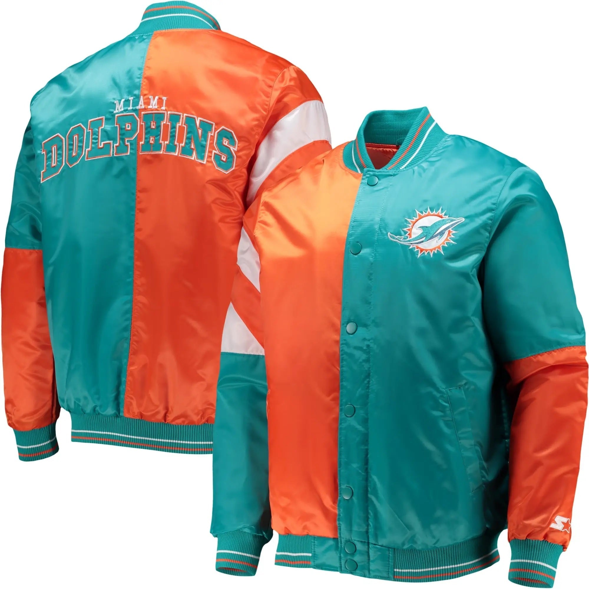 Miami Dolphins Satin Varsity Jacket Aqua and Orange USA Jackets