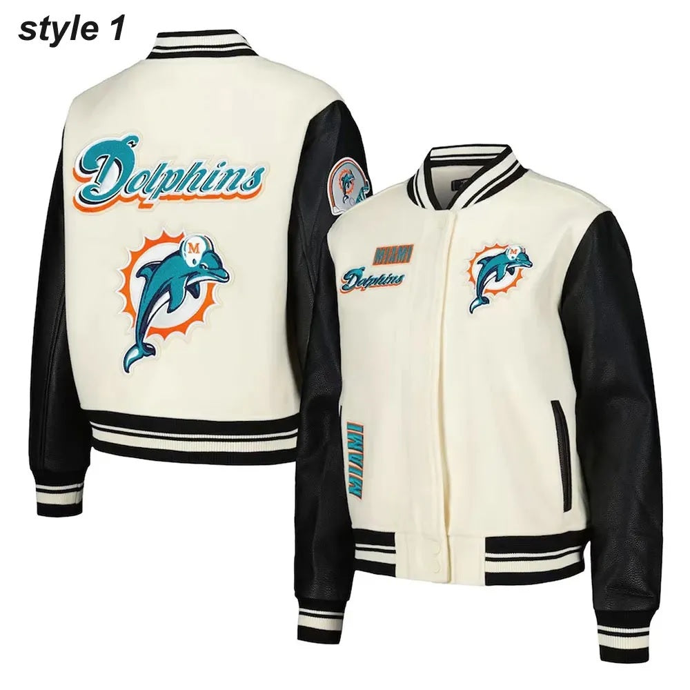 Cream Miami Dolphins Retro Classic Varsity Jacket USA Jackets