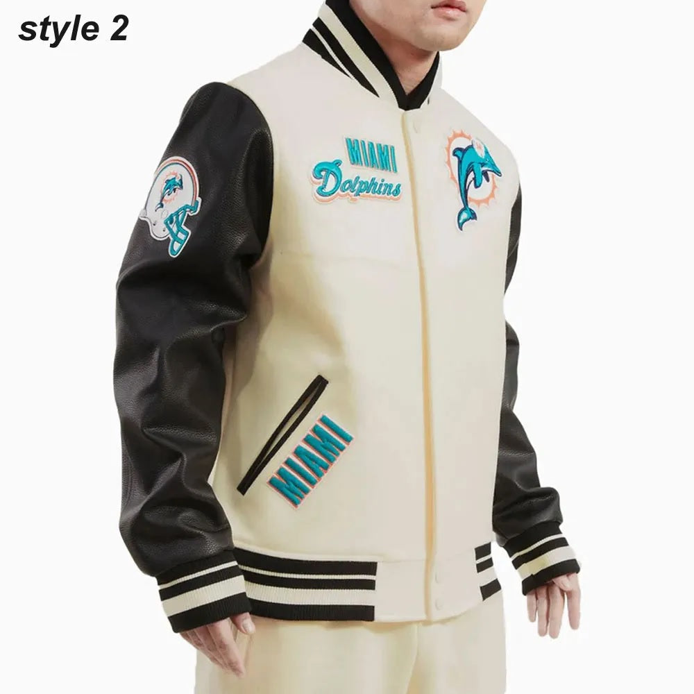 Cream Miami Dolphins Retro Classic Varsity Jacket USA Jackets