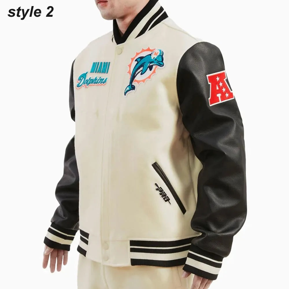Cream Miami Dolphins Retro Classic Varsity Jacket USA Jackets