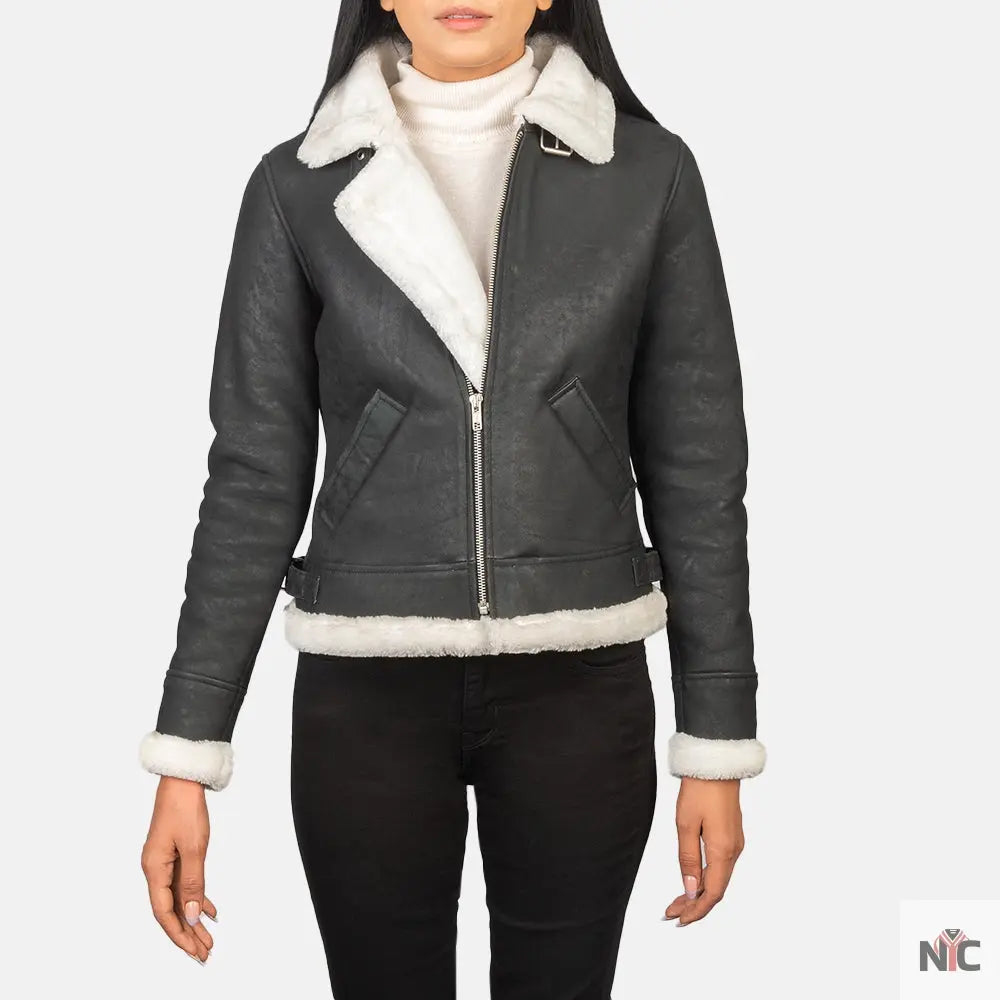 Sherilyn B-3 Black & White Leather Bomber Jacket Shopotiny