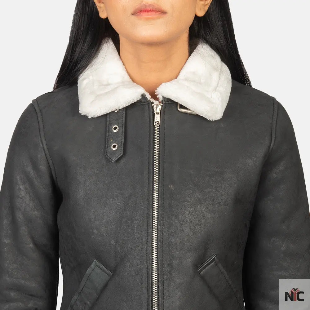 Sherilyn B-3 Black & White Leather Bomber Jacket Clanton Jacket