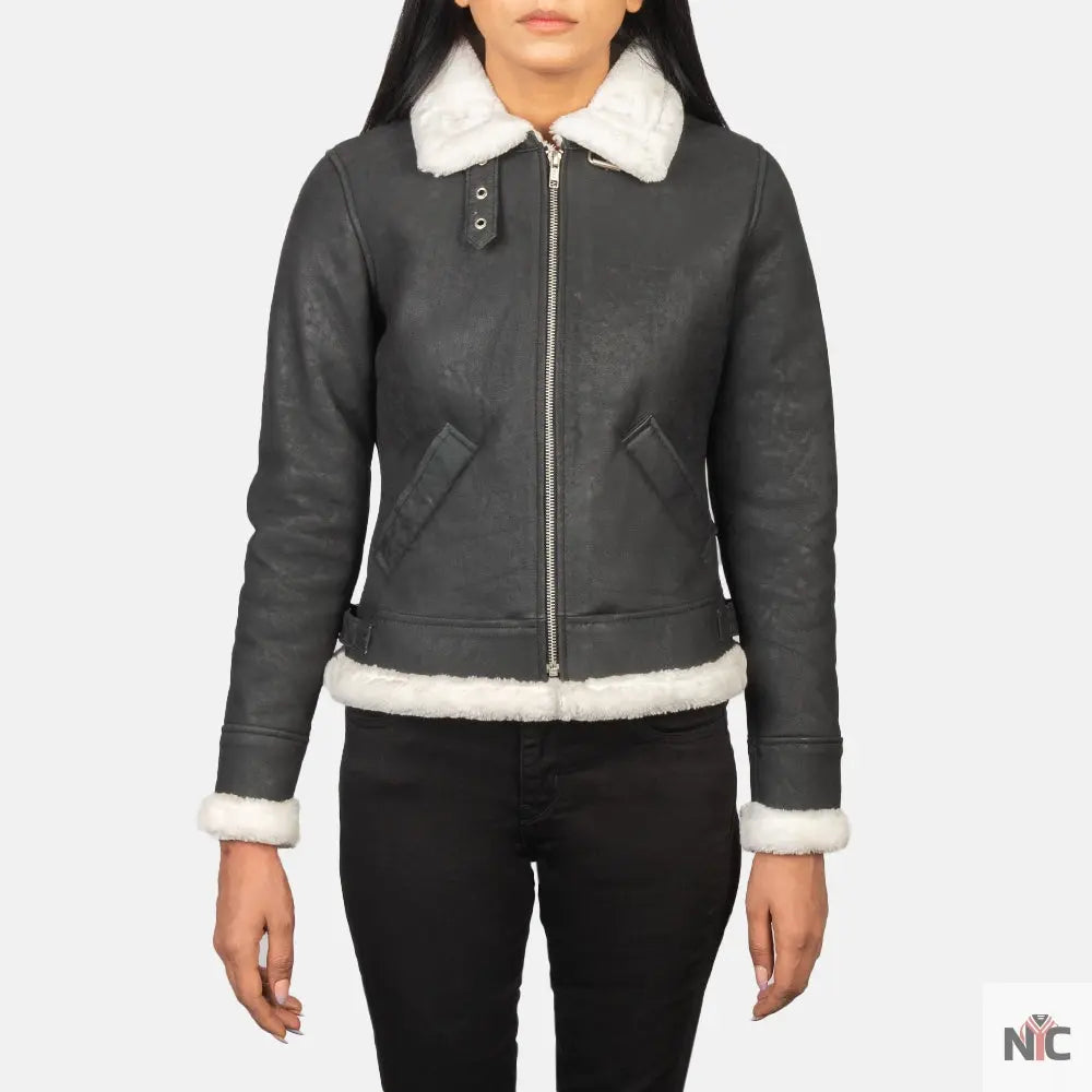 Sherilyn B-3 Black & White Leather Bomber Jacket Shopotiny