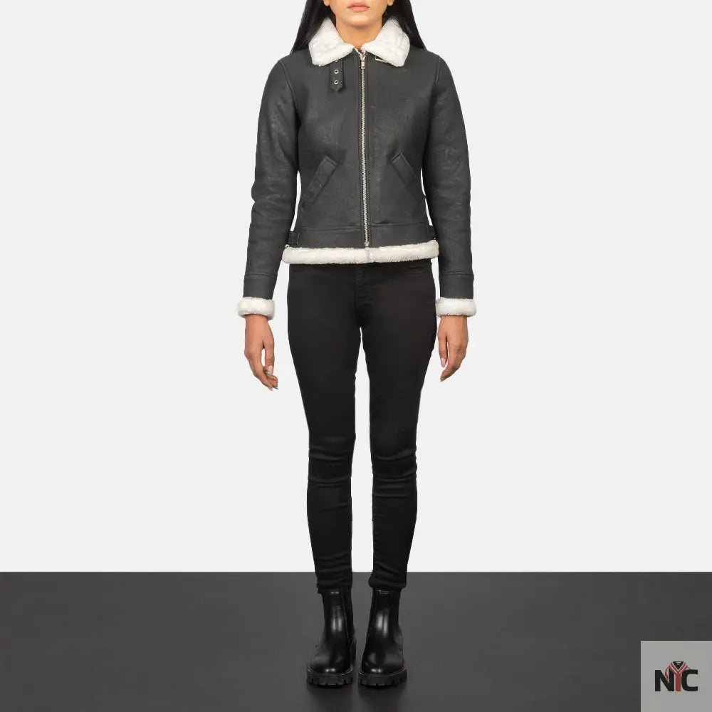 Sherilyn B-3 Black & White Leather Bomber Jacket Shopotiny
