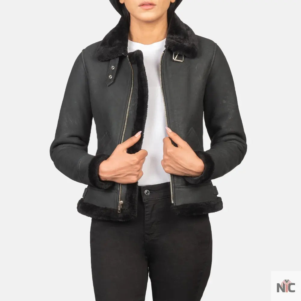 Sherilyn B-3 Distressed Black Leather Bomber Jacket Shopotiny