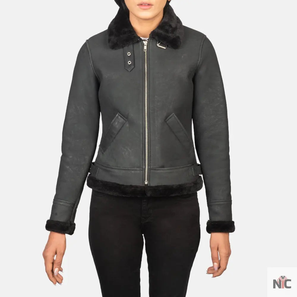 Sherilyn B-3 Distressed Black Leather Bomber Jacket Shopotiny