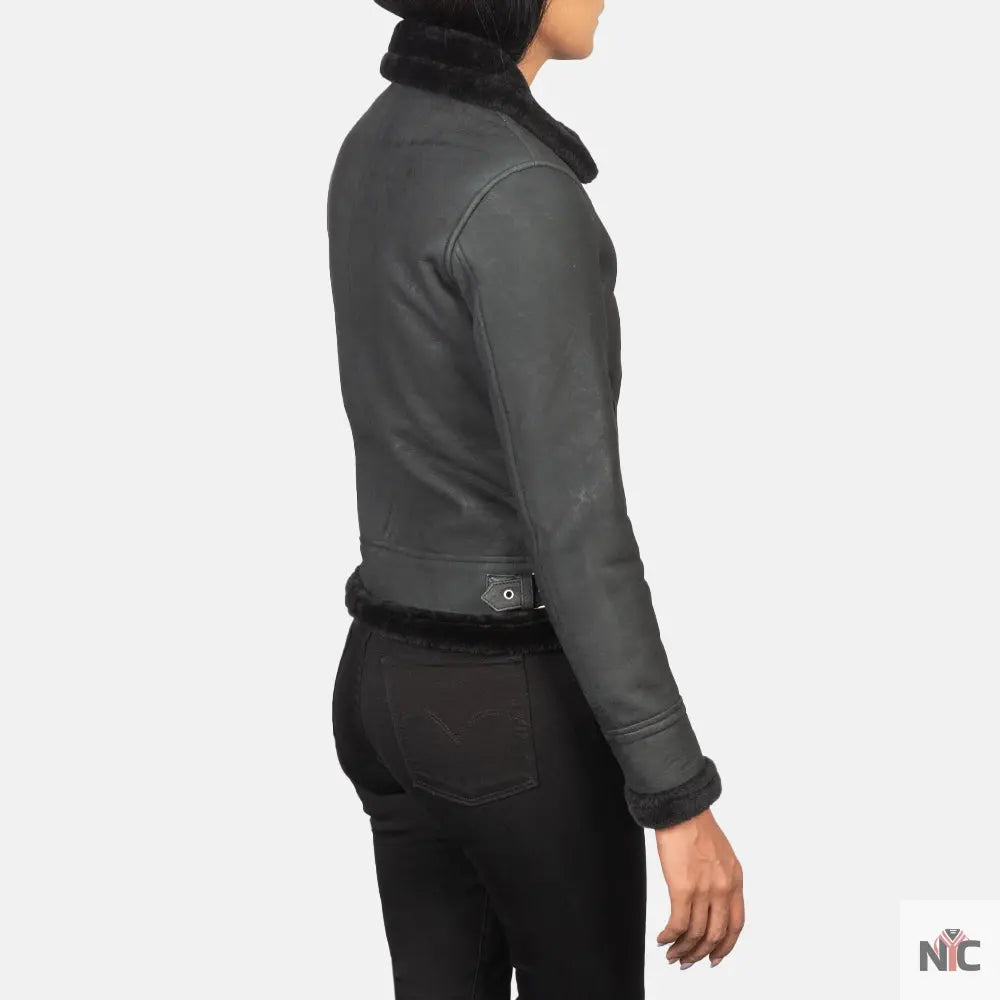 Sherilyn B-3 Distressed Black Leather Bomber Jacket Shopotiny