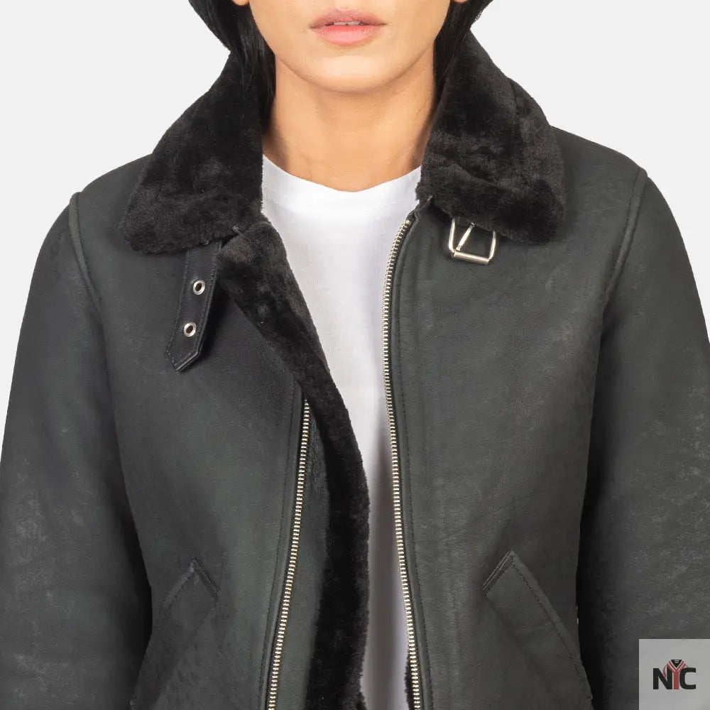 Sherilyn B-3 Distressed Black Leather Bomber Jacket Shopotiny