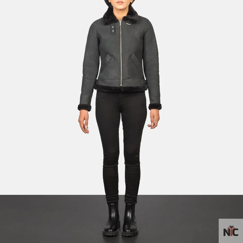Sherilyn B-3 Distressed Black Leather Bomber Jacket Shopotiny